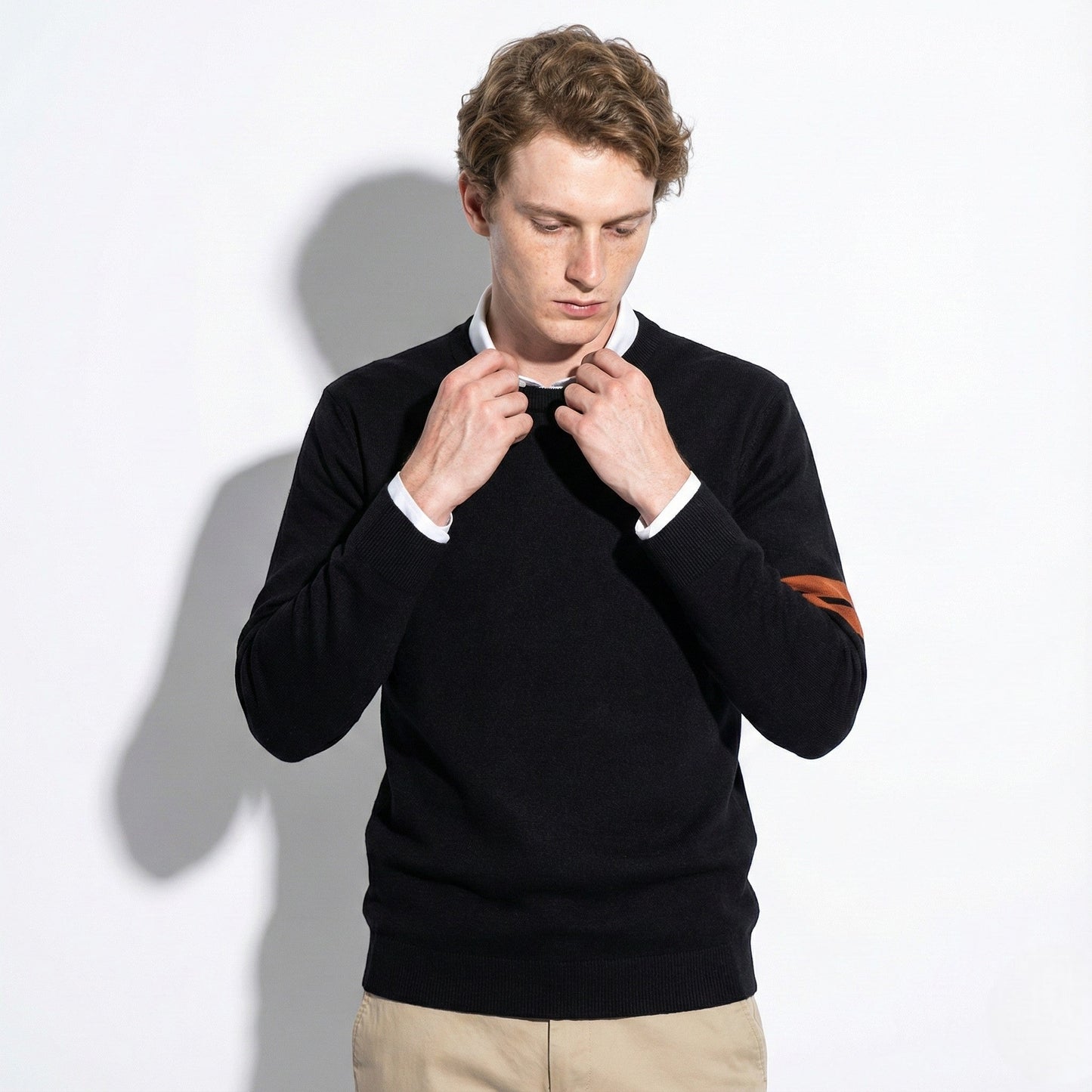 Men's white wool blend crewneck sweater regular fit with contrast arm stripe detail