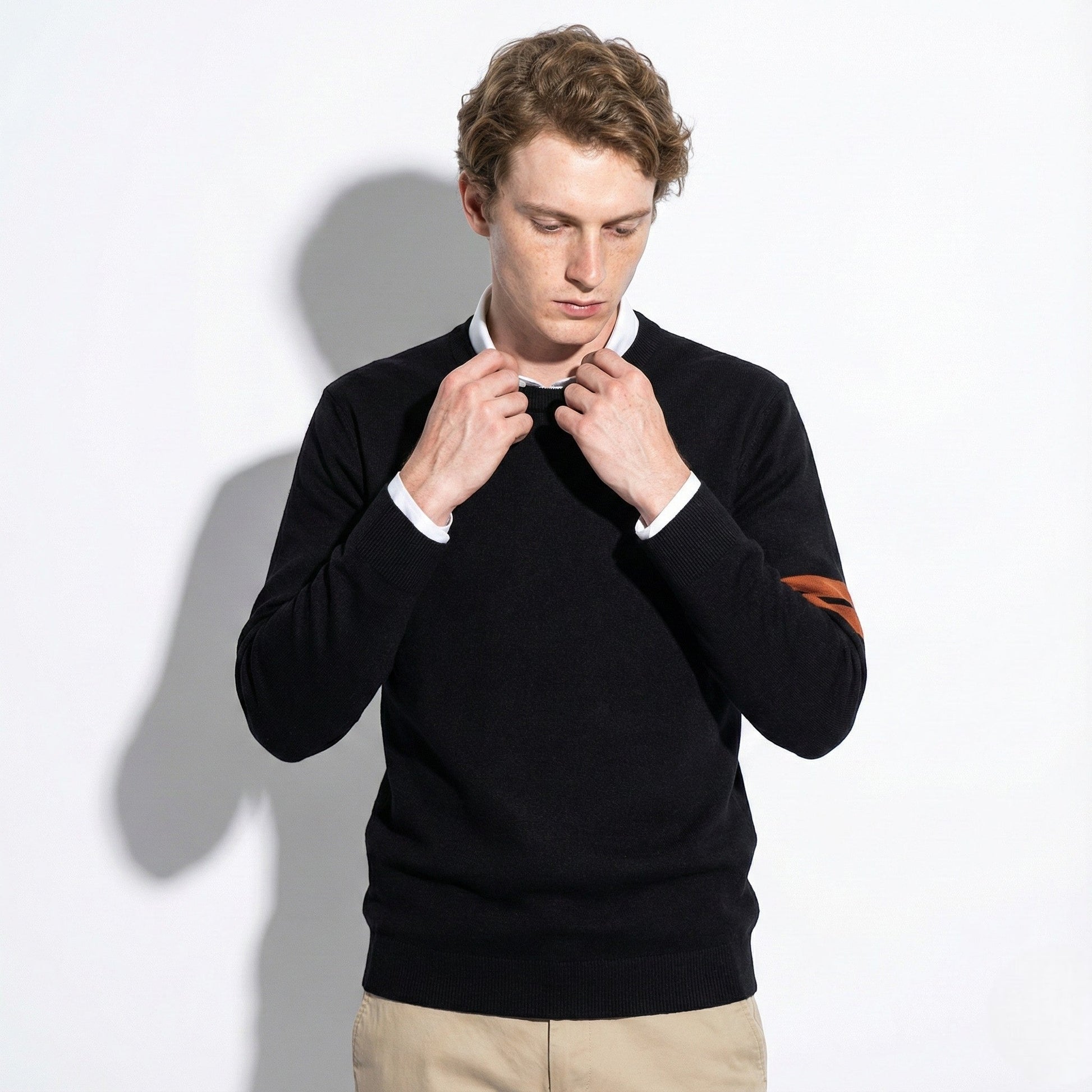 Men's white wool blend crewneck sweater regular fit with contrast arm stripe detail