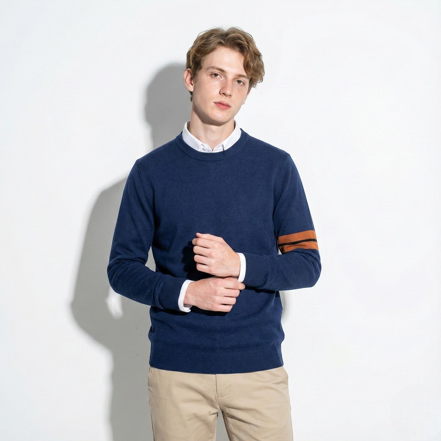 Men's white wool blend crewneck sweater regular fit with contrast arm stripe detail