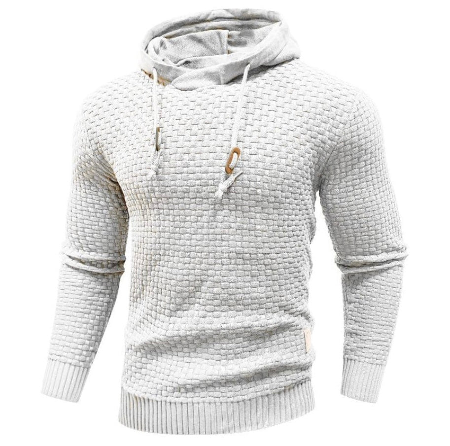 Men's textured knit hoodie with grid-woven pattern, relaxed silhouette, refined everyday casual style