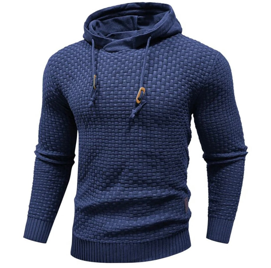 Men's textured knit hoodie with grid-woven pattern, casual slim fit, premium everyday streetwear style