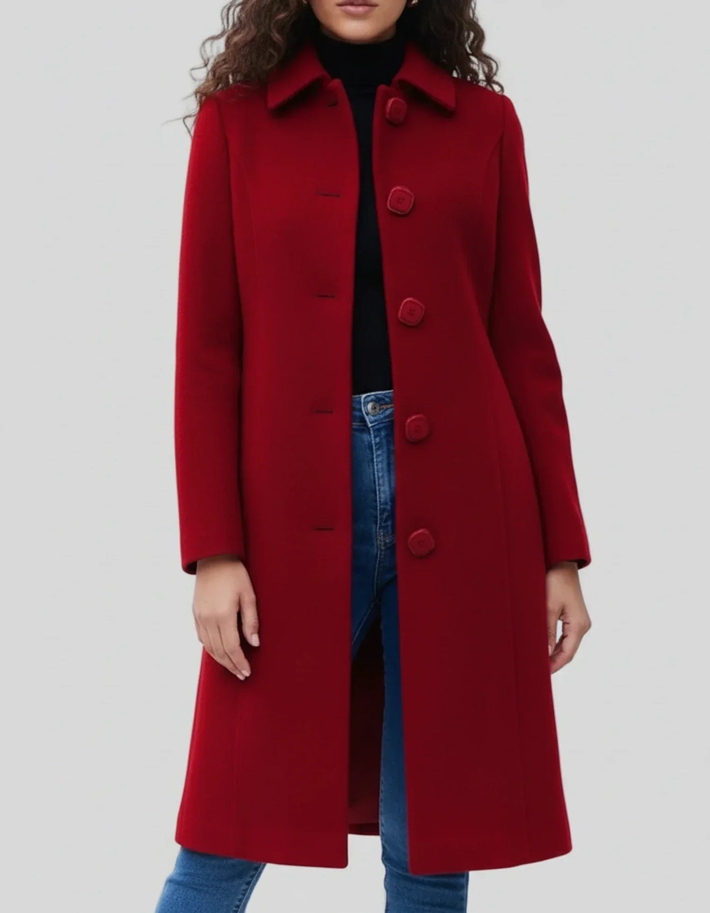 Women's long button-front winter coat in classic neutral tone with structured polished silhouette