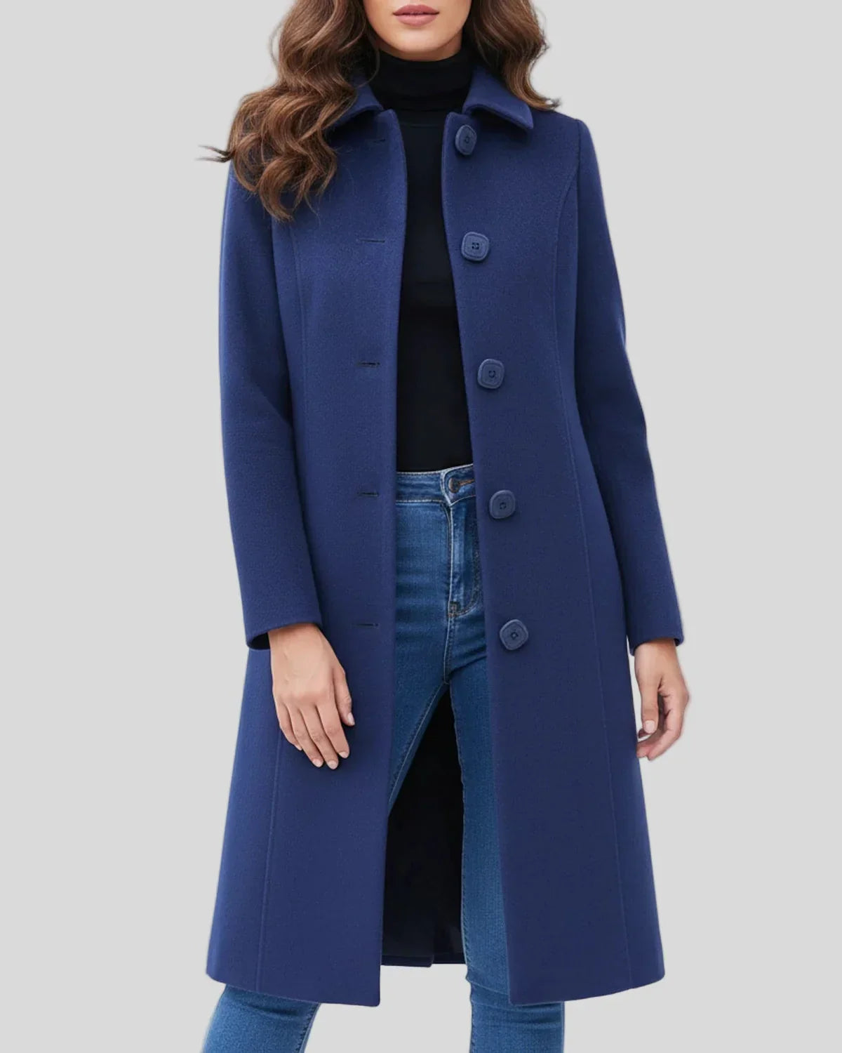 Women's long button-front winter coat in classic neutral tone with structured silhouette and polished closure