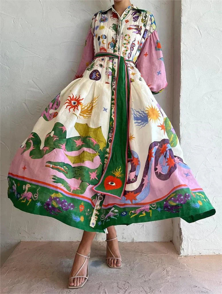 Women's maxi dress fit-and-flare silhouette long sleeve bold printed collared neckline fashion-forward
