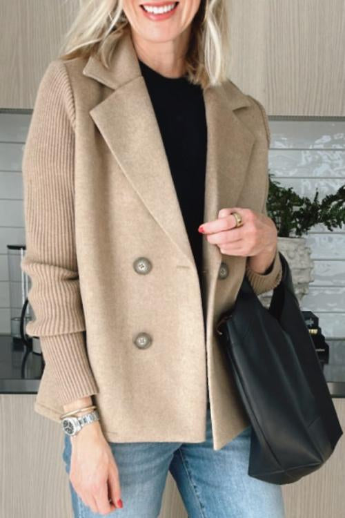Unisex cotton-blend casual jacket with lapel button-down front and contrast knit sleeves