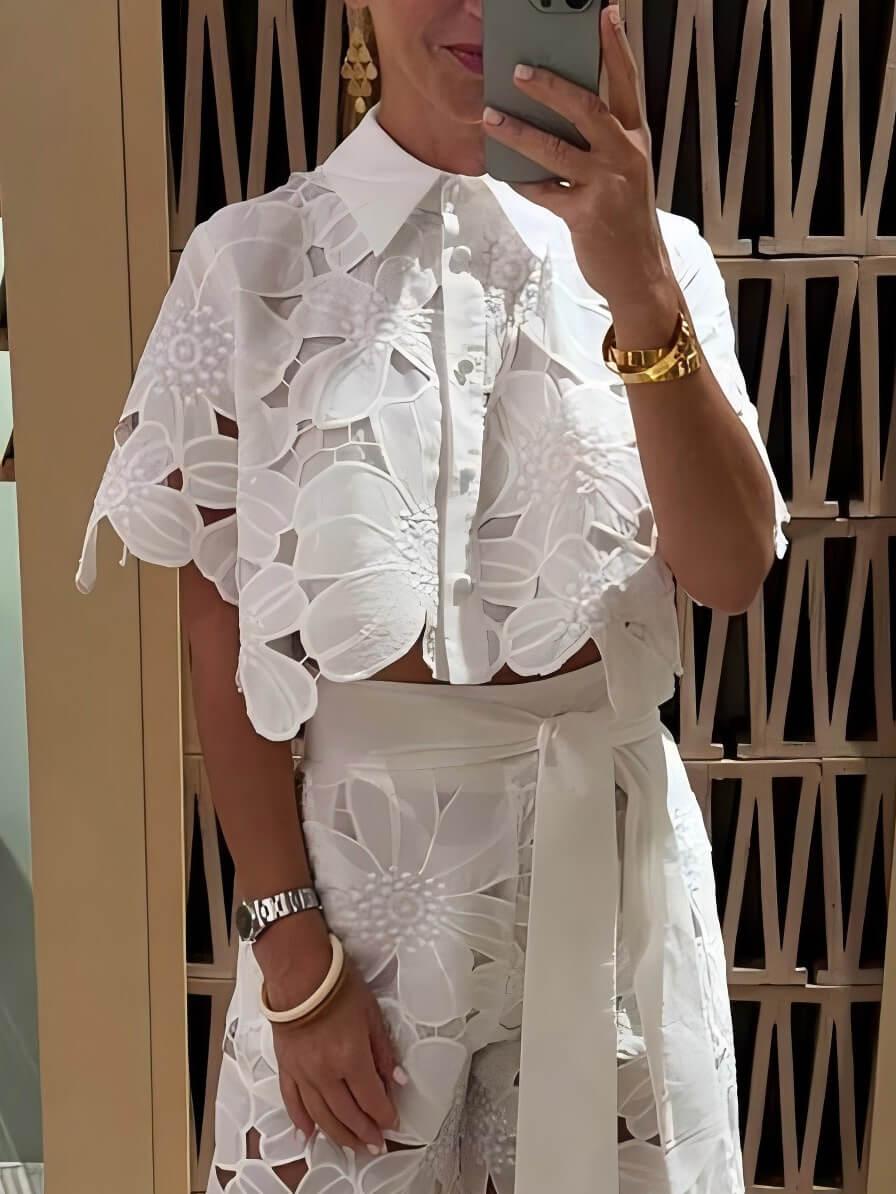 Women's white floral embroidered sleeveless lace set with flirty cutout details and breathable fabric