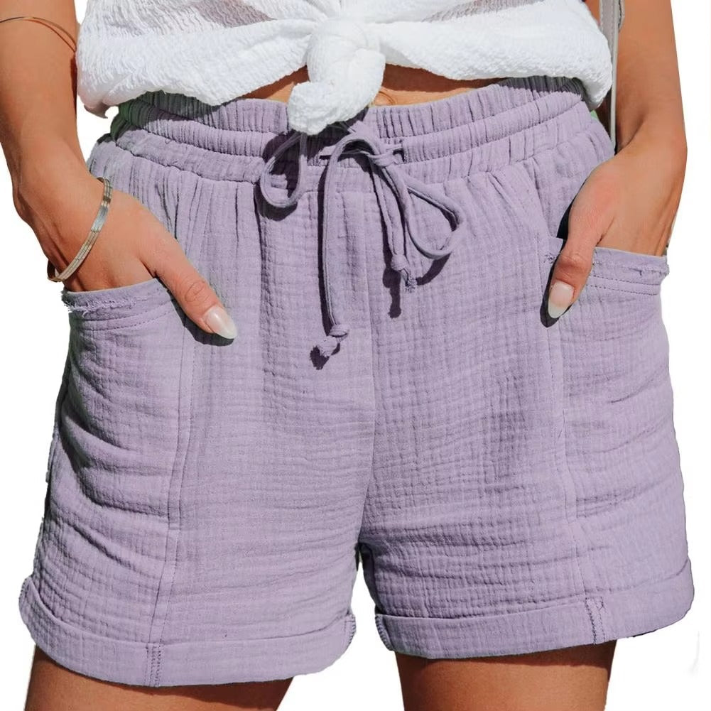 Women's relaxed fit textured cotton casual shorts with elastic drawstring waist in neutral tone