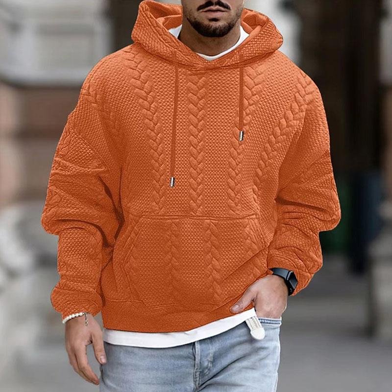 Men's gray textured cable knit hoodie sweater with classic silhouette and cozy brushed cotton blend
