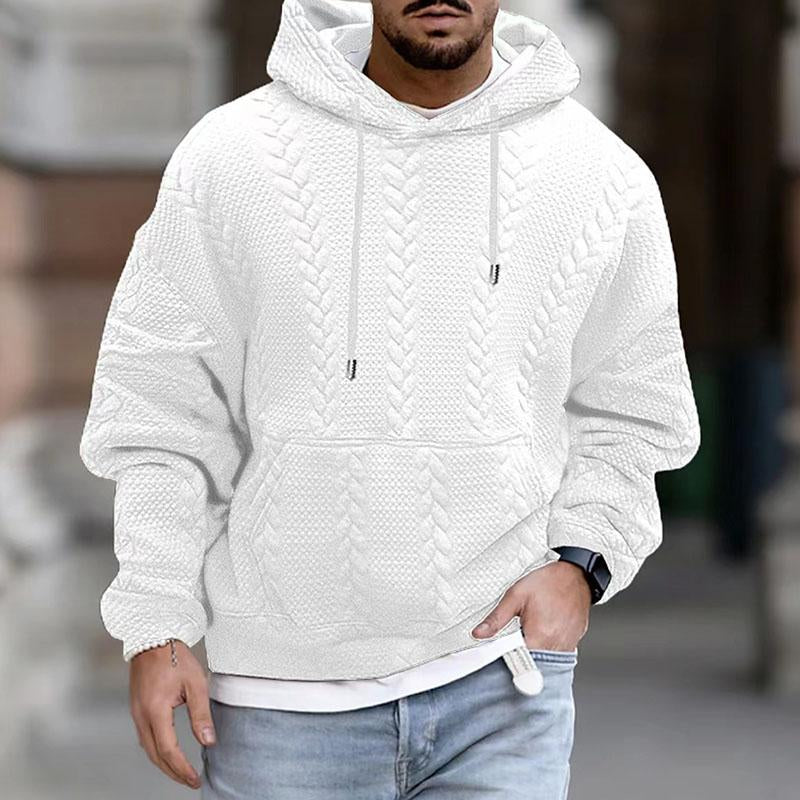 Men's textured cable knit hoodie sweater in neutral tone with cozy brushed cotton blend fabric