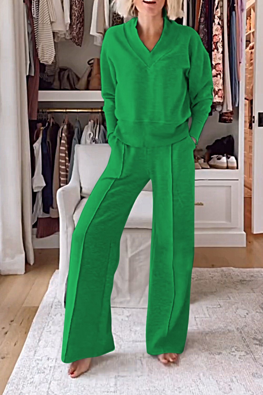 Women's cotton solid color V-neck top and pants two-piece casual set, breathable all-season comfort fit