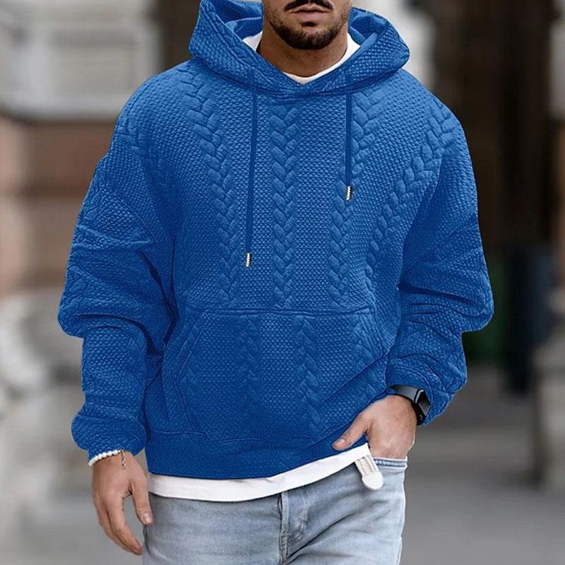 Men's gray textured cable knit hooded sweater with classic silhouette and cozy brushed cotton blend