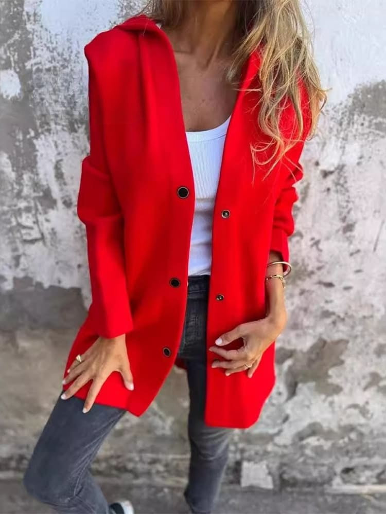 Women's lightweight casual hooded jacket with full button closure, minimalist style for transitional seasons