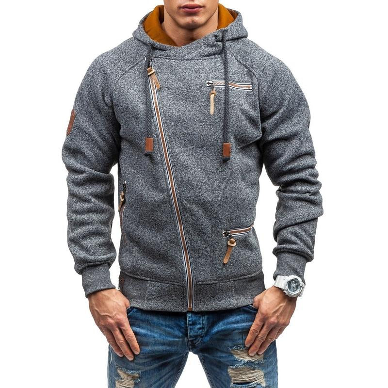 Men's slim fit asymmetrical zip-up jacket with adjustable hood, modern layering style