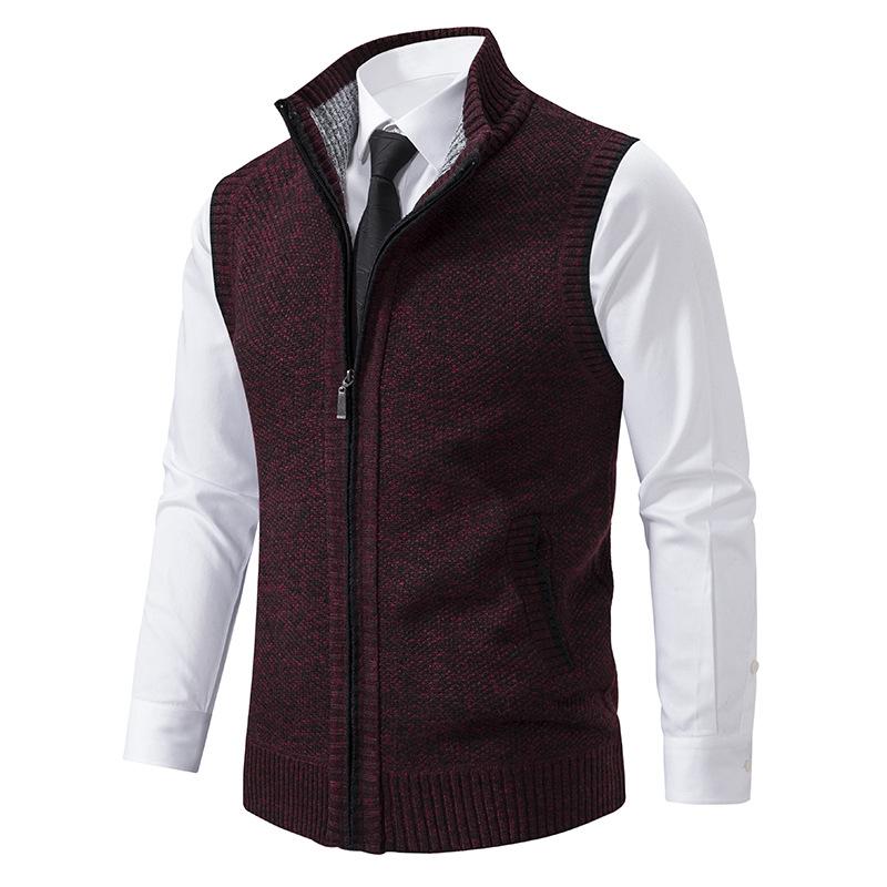 Men's knitted sleeveless vest with front zipper, two side pockets, and ribbed hem for casual layering