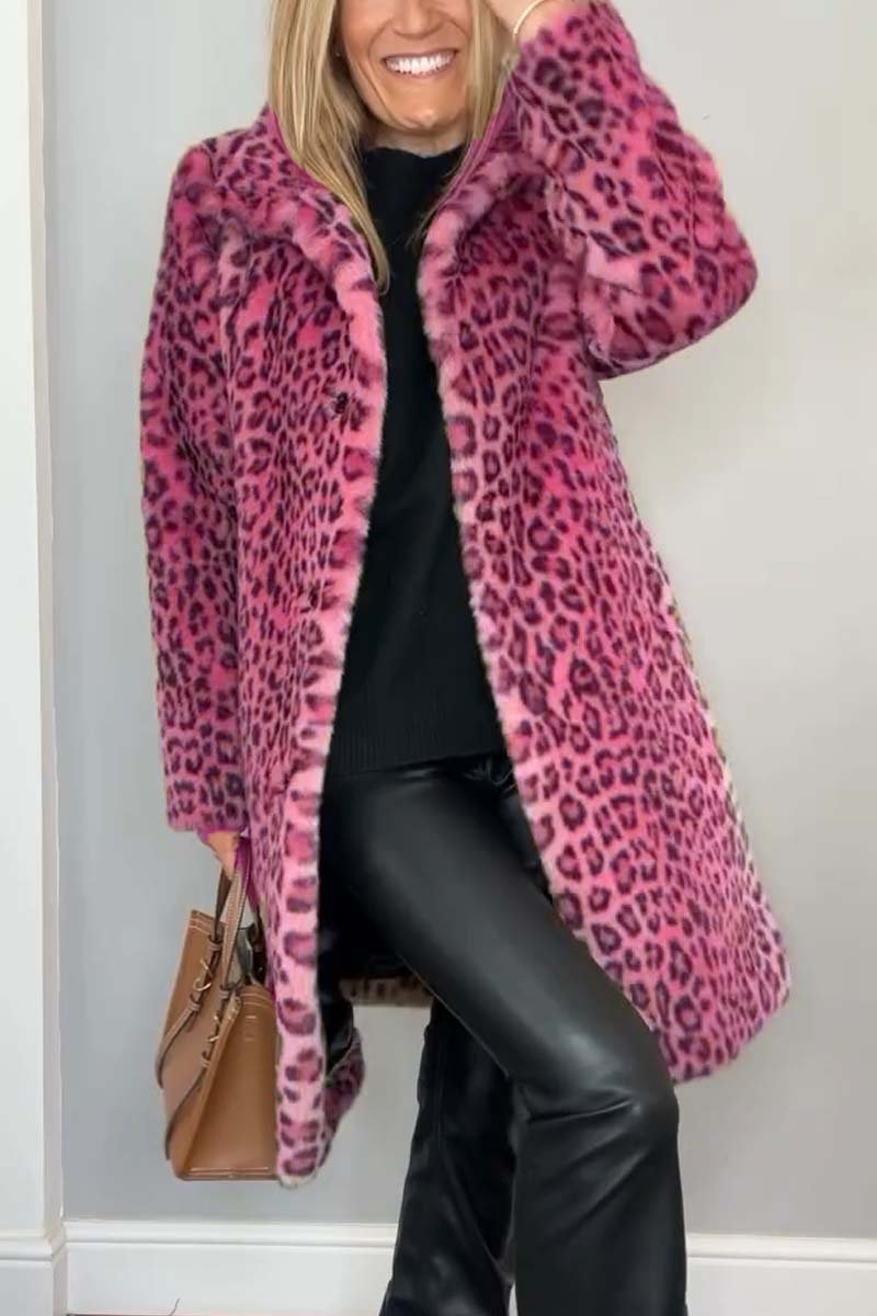 Women's leopard print faux fur mid-length coat with lapel collar, warm cotton-blend autumn winter outerwear