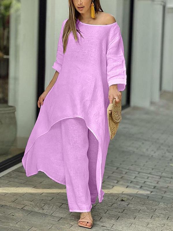 Women's solid color casual two-piece set round neck top and skirt lightweight summer polyester outfit