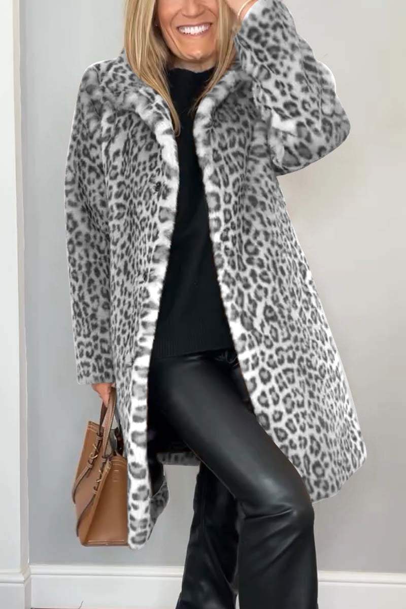 Women's leopard print faux fur mid-length coat with lapel collar, warm autumn-winter outerwear