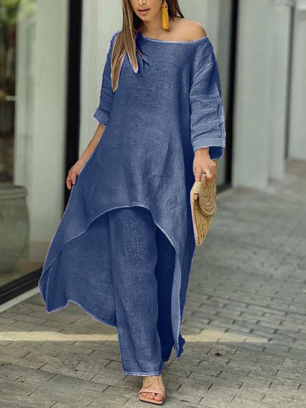 Women's casual solid color two-piece set round neck top and skirt lightweight summer polyester outfit