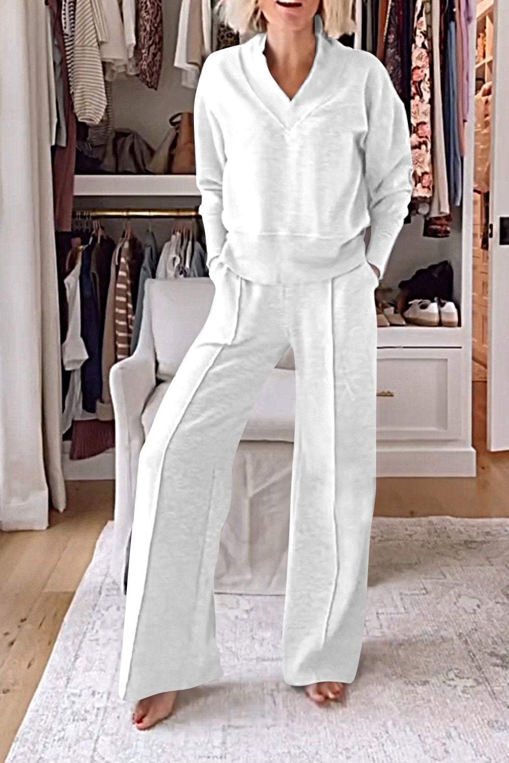 Women's cotton solid color V-neck top and pants two-piece casual set, breathable all-season comfort fit