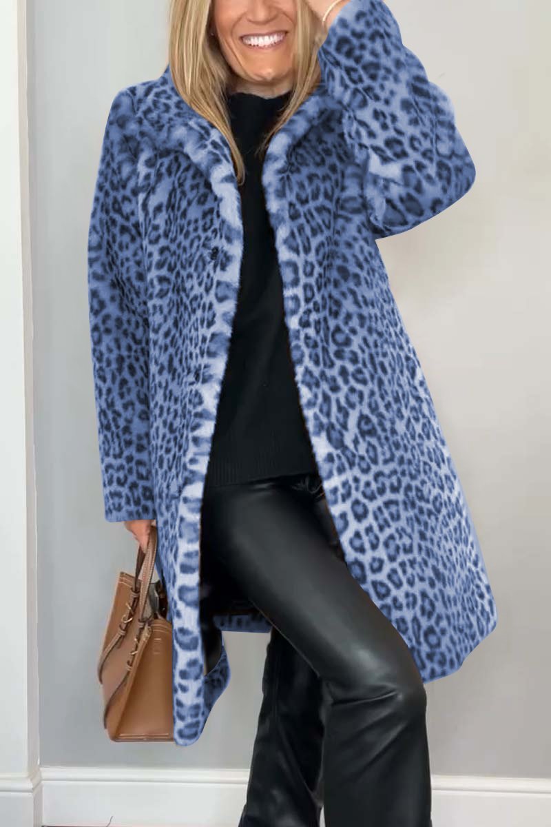 Women's leopard print faux fur mid-length coat with lapel collar, warm cotton-blend autumn winter outerwear