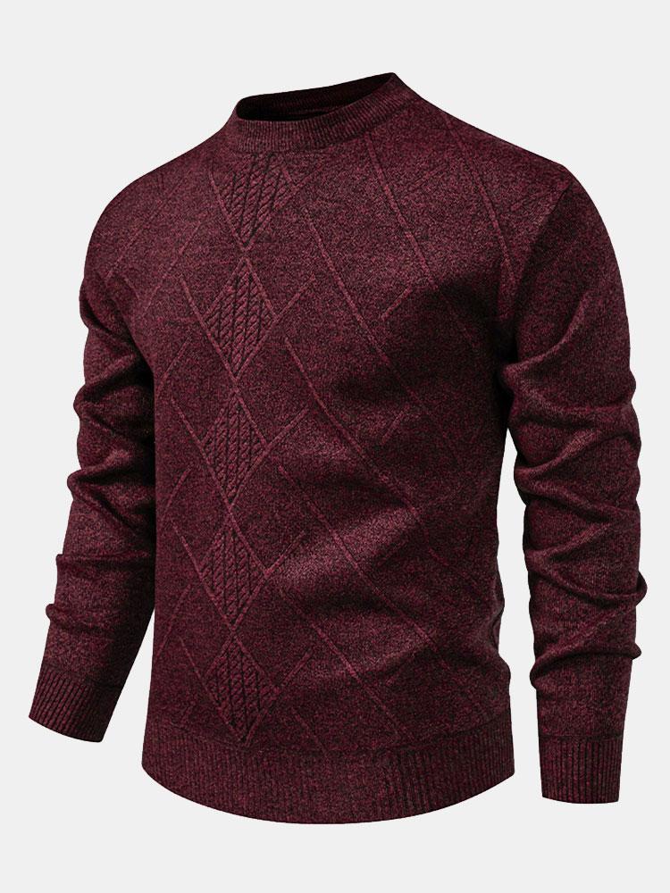 Men's cream textured knit crew neck sweater with geometric weave pattern for refined everyday style