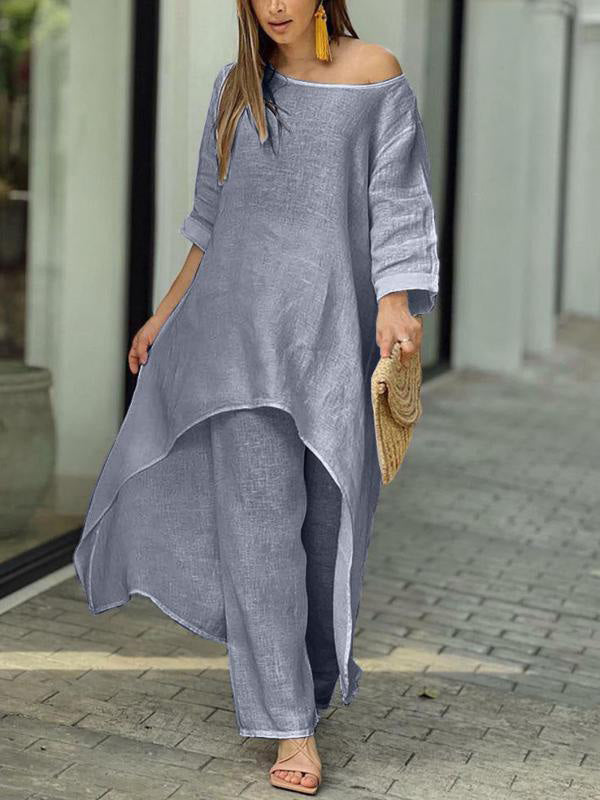Women's casual solid color two-piece set round neck top and skirt lightweight summer polyester outfit