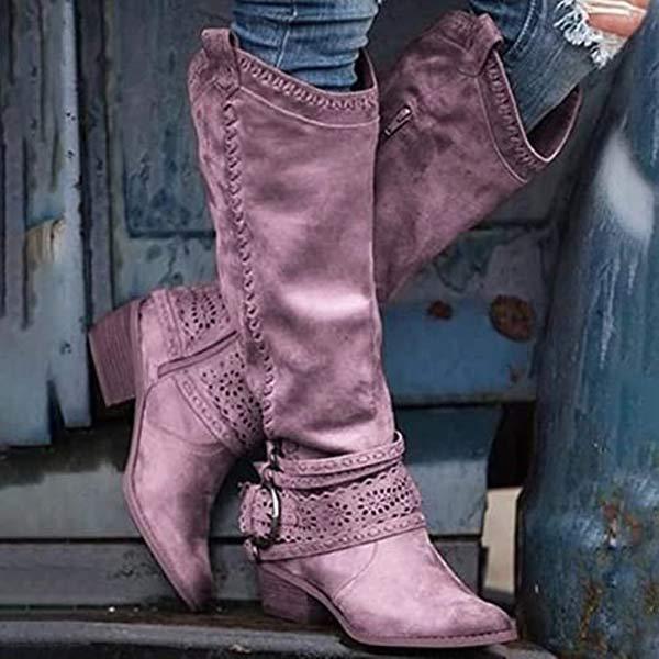 Women's suede-texture cowboy boots with embroidery, pointed toe, low heel, everyday Western style