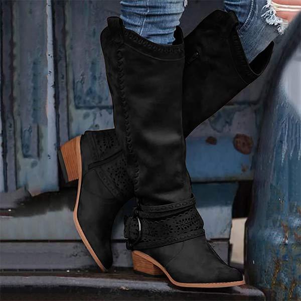 Women's suede-texture cowboy boots with embroidery, pointed toe, low heel, Western everyday style