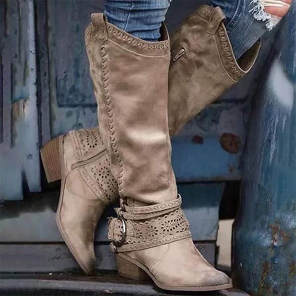 Women's suede-texture cowboy boots with embroidery, pointed toe, low heel, Western everyday style