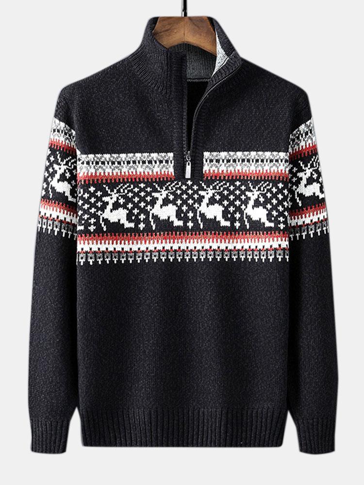 Men's Nordic reindeer half-zip sweater, classic knit pattern, ribbed stand collar, festive winter style