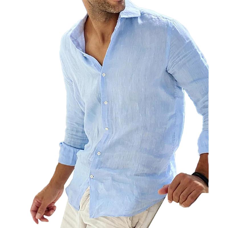 Men's relaxed fit cotton linen long sleeve shirt breathable blend casual semi-formal style