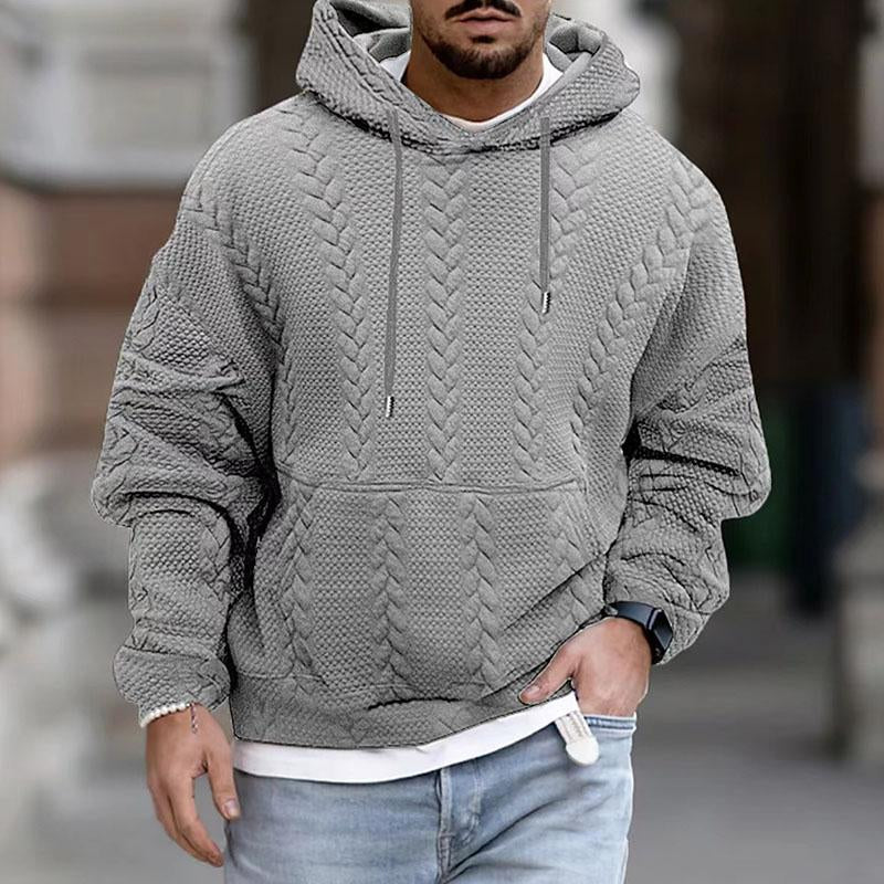 Men's textured cable knit hoodie sweater in neutral tone with cozy brushed cotton blend fabric