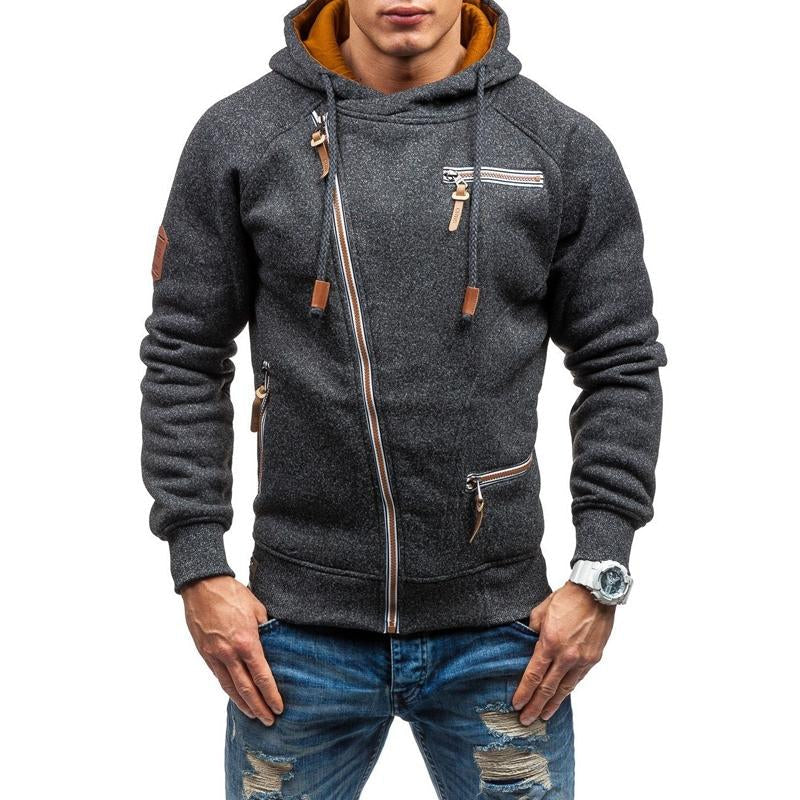 Men's slim fit asymmetrical zip-up jacket with adjustable hood, modern layering style