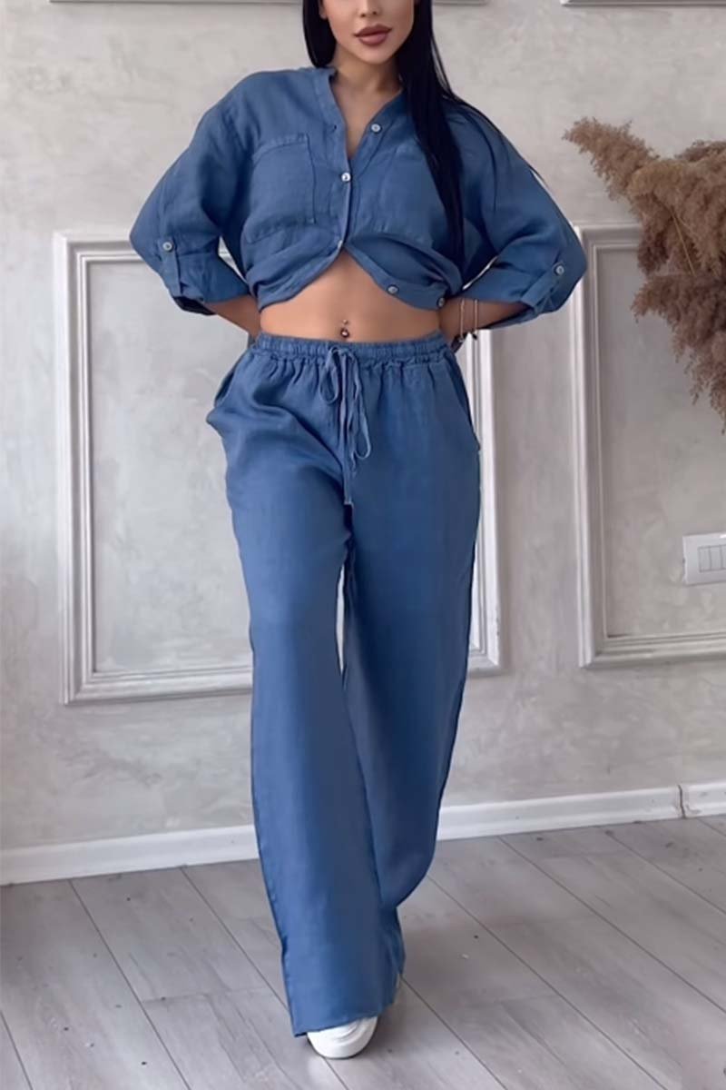 Women beige cotton linen two-piece set lapel long-sleeve top matching pants casual relaxed fit
