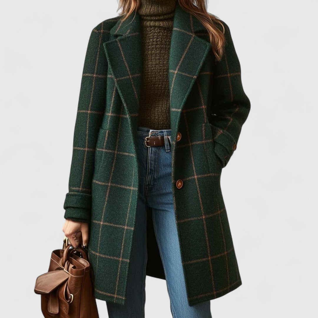 Women's checked winter trench coat long silhouette notched collar timeless classic style