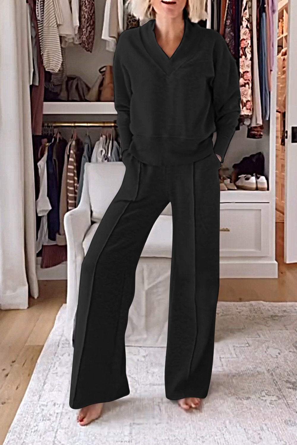 Women's cotton solid color V-neck top and pants two-piece casual set, breathable all-season comfort fit