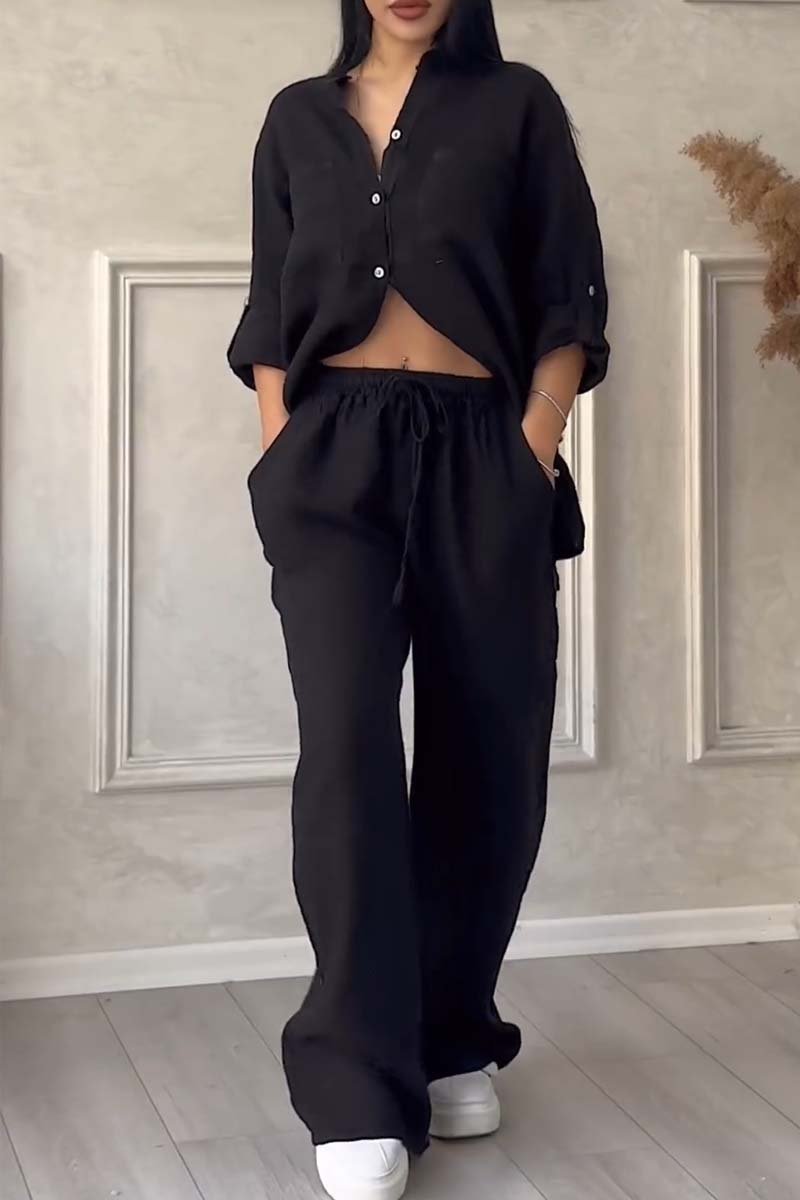 Women's cotton linen two-piece set casual lapel top and pants breathable solid color coordinated outfit