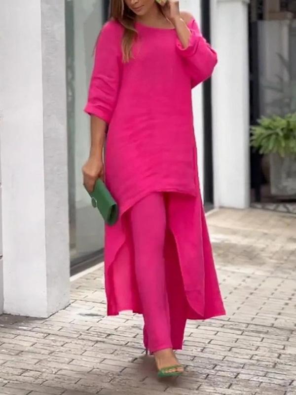 Women's solid color two-piece set casual summer round neck top and skirt lightweight polyester