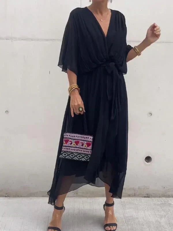 Green V-neck chiffon midi dress with flowy silhouette, lightweight breathable fabric for women