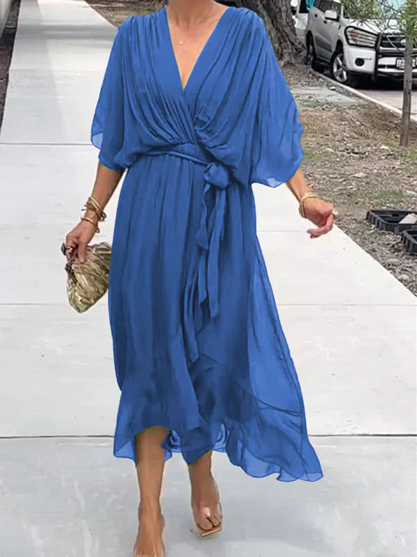 Green V-neck chiffon dress for women with lightweight breathable fabric and trendy Sophie design