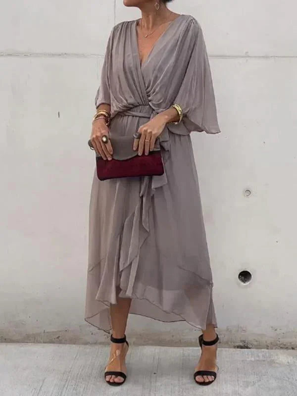 Sophie green chiffon V-neck dress for women lightweight breathable trendy easy care design