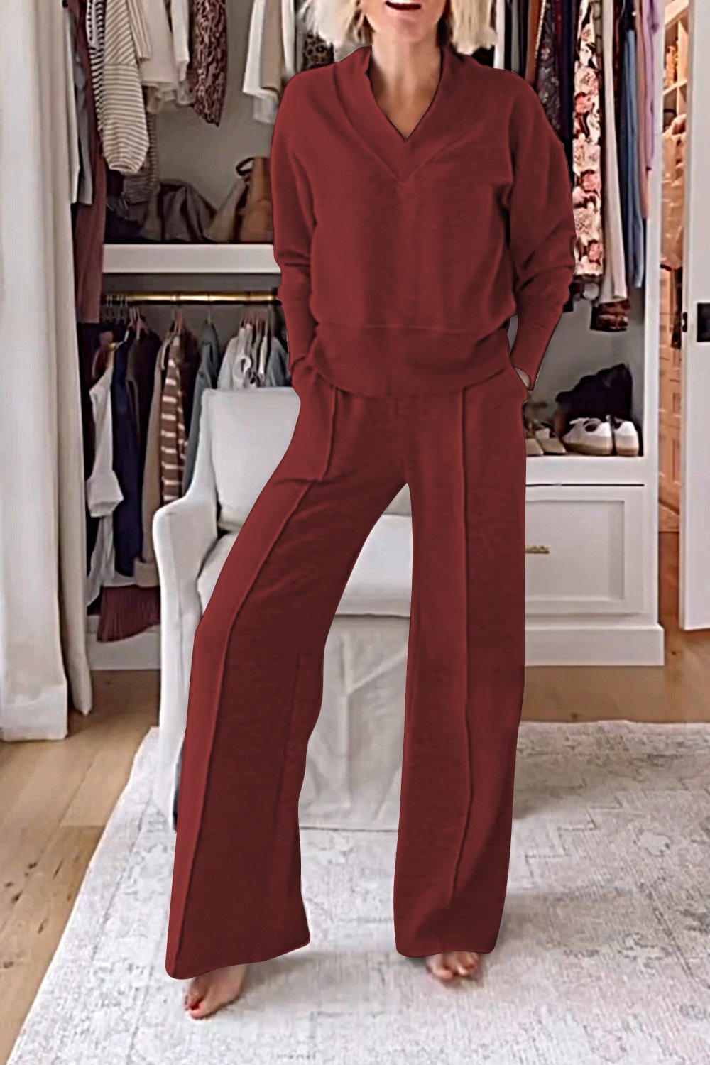 Women cotton solid color V-neck top and pants two-piece casual set breathable all-season comfort