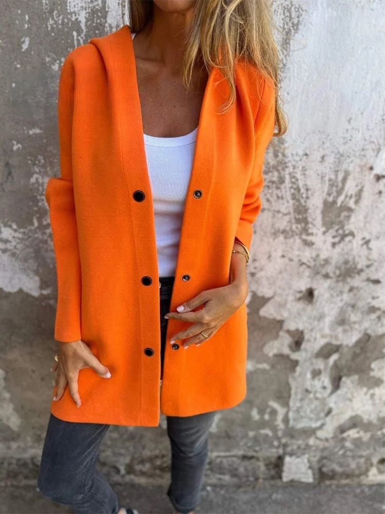 Women's lightweight casual hooded jacket with full button closure, minimalist style for transitional seasons