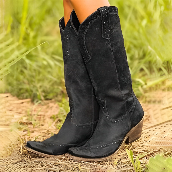 Women's brown distressed eco-leather cowboy boots with silver studs, slip-on Western vintage style