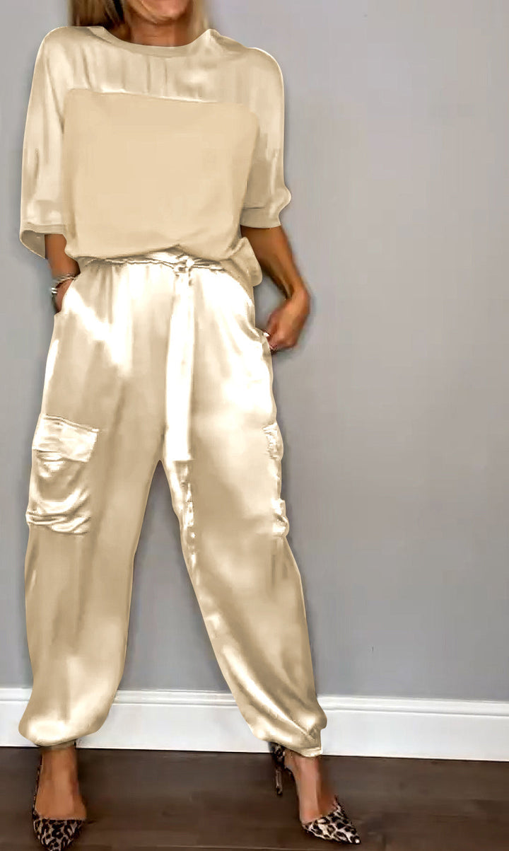 Women ivory satin lounge set with flowing sleeves and tailored wide-leg pants, luxurious relaxed fit