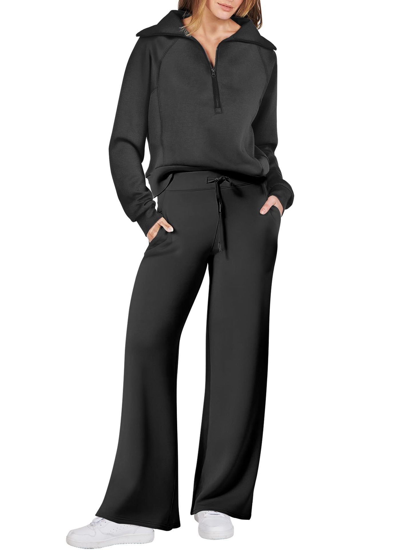 Women's jogging set relaxed fit half-zip sweatshirt wide-leg pants cotton blend soft comfort