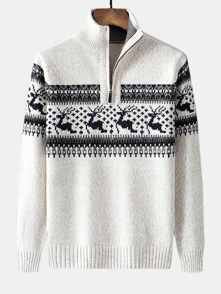 Men's Nordic reindeer half-zip knit sweater classic pattern ribbed collar winter outdoor style