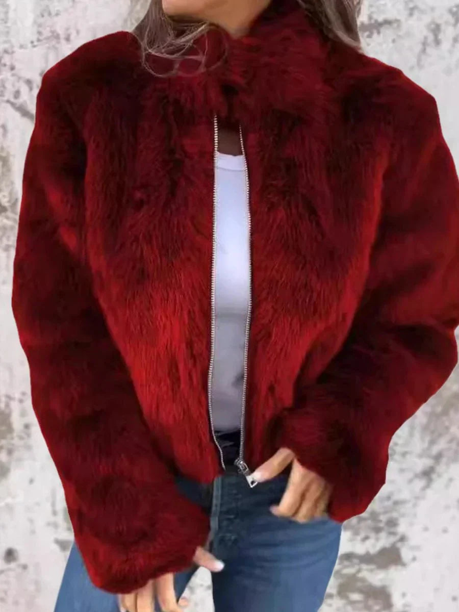 Women's elegant ivory fur coat with front zipper closure, luxurious sustainable outerwear chic silhouette
