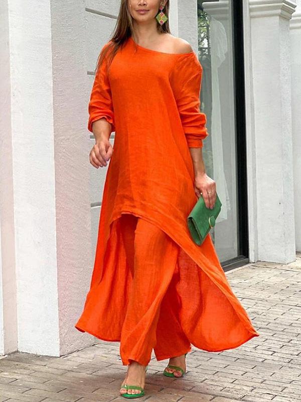 Women's casual solid color two-piece set round neck top and skirt lightweight summer polyester outfit