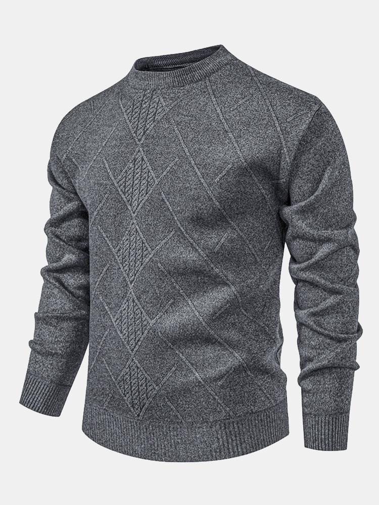 Navy textured knit men's crew neck sweater with geometric weave pattern for sophisticated layering